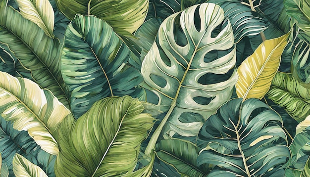 Photo botanical illustration tropical seamless pattern rainforest jungle palm leaves monstera colocasia ba