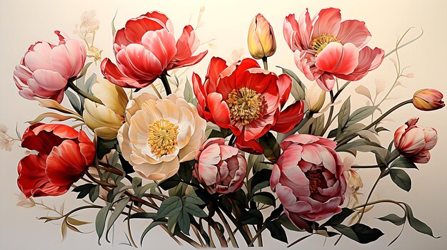 Ботаническая иллюстрация тюльпанов Double Earlywhite в стиле Пьера Жозефа Редута