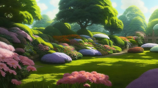 식물원 일본 정원 피는 분홍색 나무와 봄 꽃 장식용 정원 미로 덤불 푸른 잔디 꽃 축제 3d 일러스트