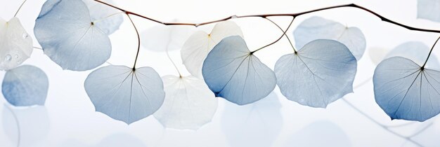 Botanical masterpiece delicate white leaf on light blue backdrop with enchanting bokeh