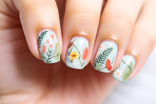 Botanical nail art with painted ferns and petals