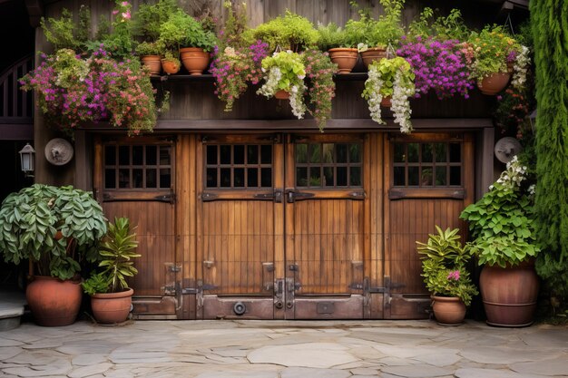 Foto oasi botanica in un rifugio rustico piante lussureggianti in vaso abbracciano una porta di garage di legno chiusa a chiave