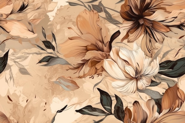 Botanical painting featuring leaves and flowers on a beige backdrop Generative AI