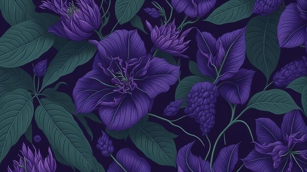 Ботанический узор с фиолетовым фоном