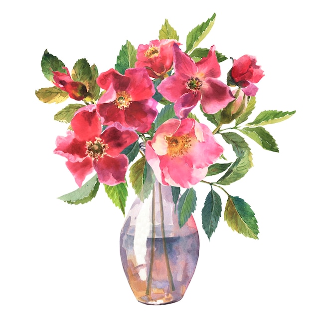 Botanical rose hip flower watercolor watercolor bouquet of wild rose flowers and leaves