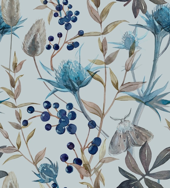 Botanical seamless pattern with eryngium eucalyptus viburnum lagurus Hand painted in watercolor