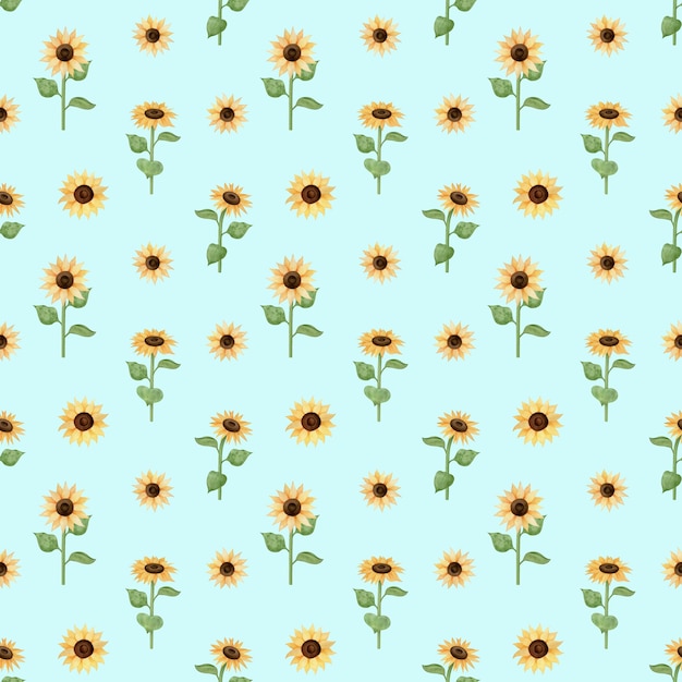 Photo botanical seamless pattern with sunflowers and leaves on a pastel blue background