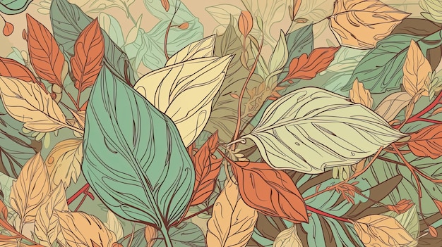 직물 디자인을 위한 빈티지 잎 삽화가 포함된 식물원 원활한 패턴 Generative AI
