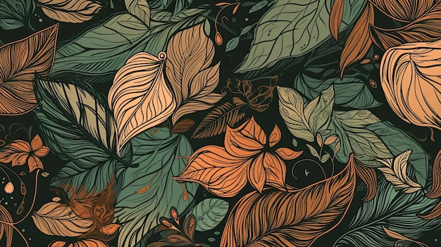 Botanical seamless pattern with vintage leaf illustration for textile design Generative AI