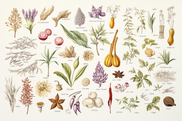 Botanical sketch of diverse herbs and spices with 00193 01