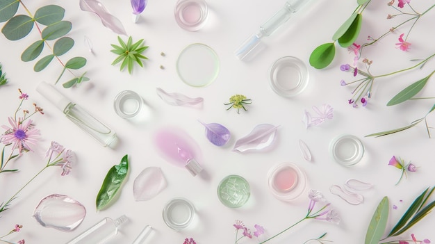 Foto mostra di prodotti botanici per la cura della pelle con ingredienti naturali