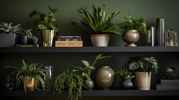 Photo botanical themed shelf decor combining potted pattern