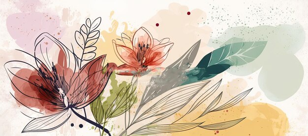 Botanical watercolor design with flowers and leaves