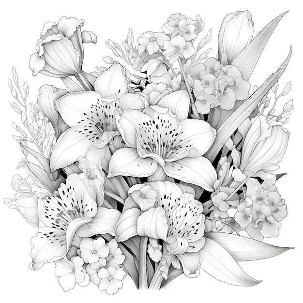 Фото Ботанические растения сложные черно-белые раскраски с тюльпанами ирисы рододендроны