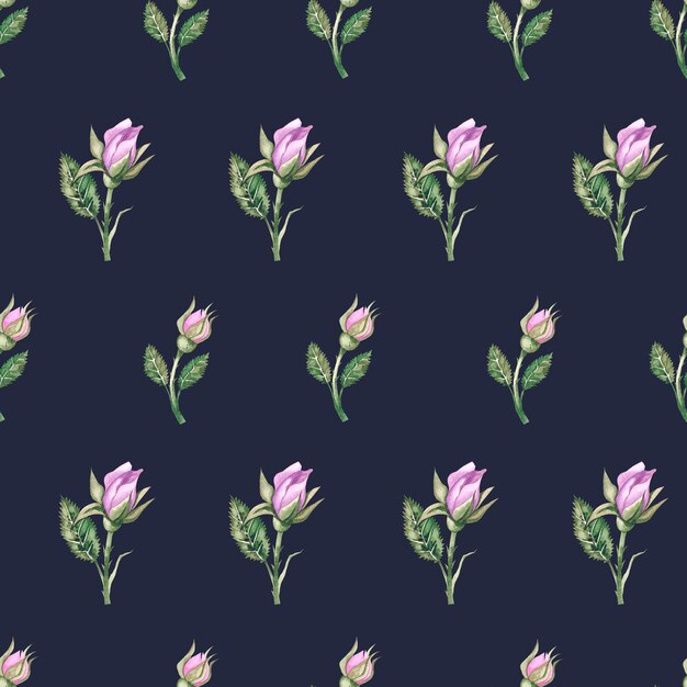 Botanisch patroon in aquarel roze op een blauwe achtergrond