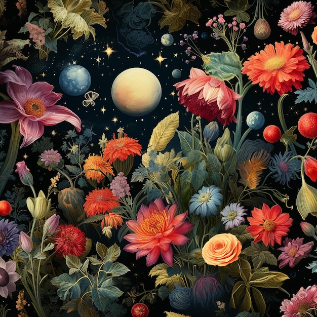 Botanisch schilderij van het zonnestelsel