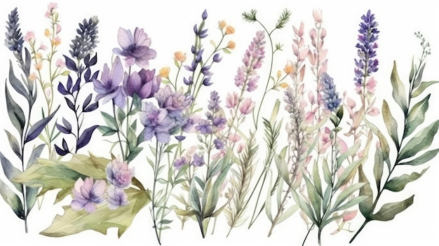 Botanische aquarelarrangementen met lavendelboeketten en wilde bloemen