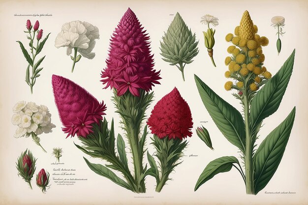 Botanische gids gedetailleerde cockscomb bloemen illustraties