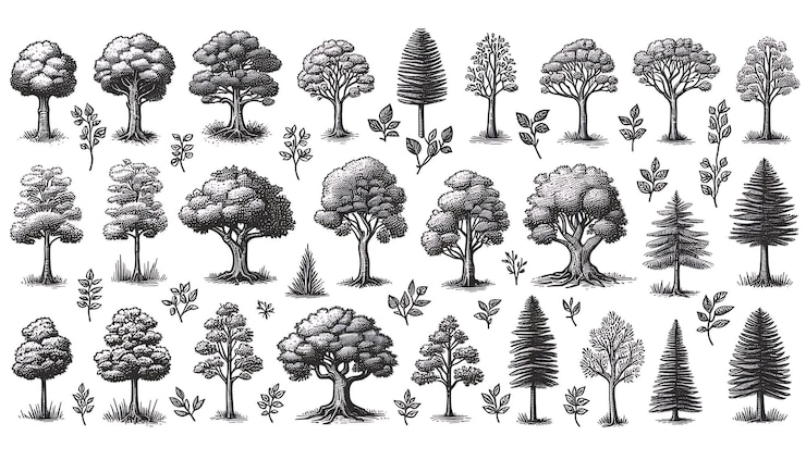 Foto botanische illustratie van verschillende boomsoorten en bladeren