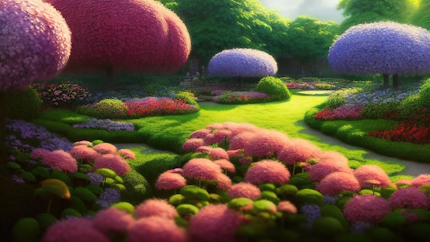 Botanische japan tuin bloeiende roze bomen en lente bloemen siertuin doolhof struiken groen gras flower festival 3d illustratie