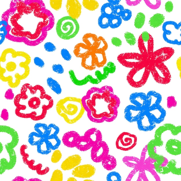 Botanische krabbels naadloze patroon op witte achtergrond. handgetekende bloemen herhalen print. kleurrijke getextureerde bloemen, lijnen, stippen.