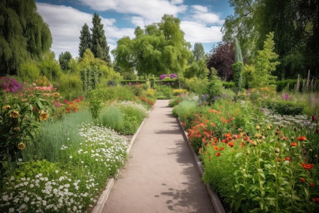 Botanische tuin met bloeiende bloemen en groen in volle bloei gecreëerd met generatieve AI