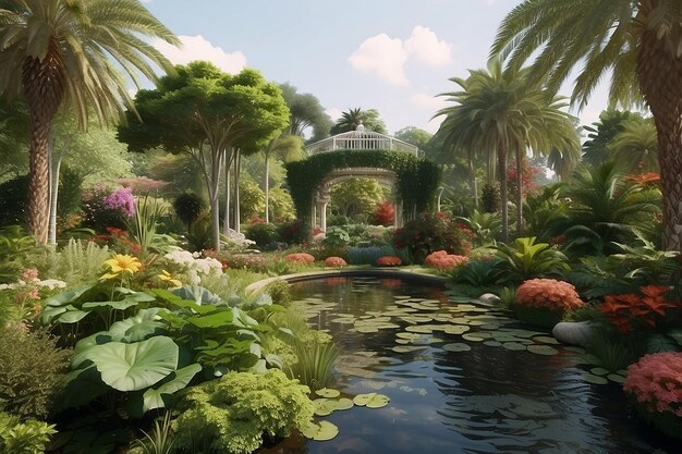 Botanische tuin met verschillende planten en vergroening van het waterlandschap