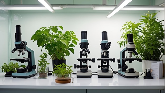 Foto laboratorio di botanica con piante e microscopi