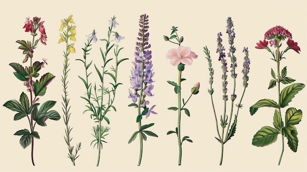 植物学セット ヴィンテージの花 草や野花のカラフルな刻スタイルのイラスト