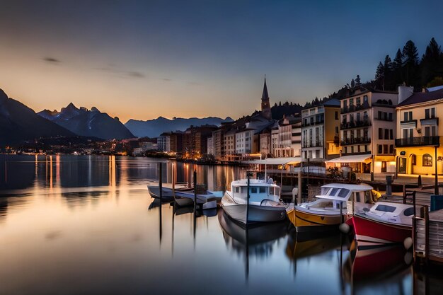 Foto boten liggen aangemeerd bij een jachthaven met bergen op de achtergrond.