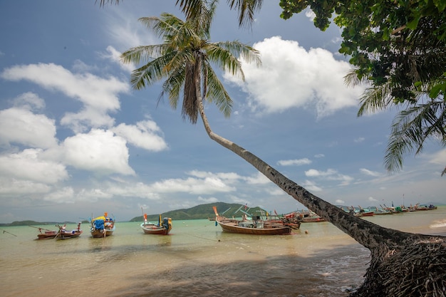 Boten van vissers op het strand bij zonnig weer in Thailand