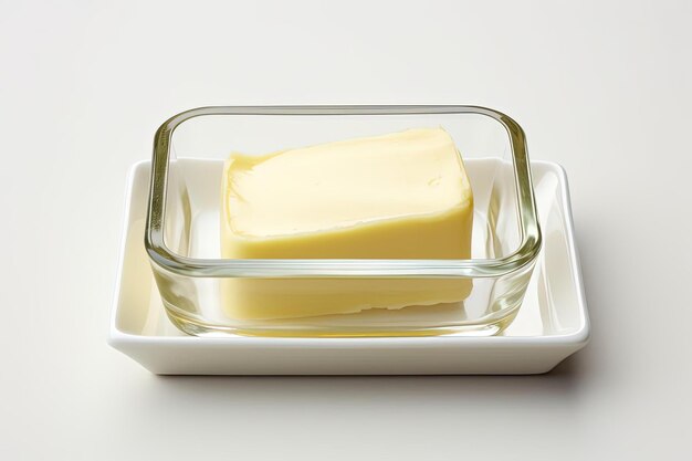 Foto boter op witte achtergrond in een ronde schotel in de stijl van rechthoekige velden