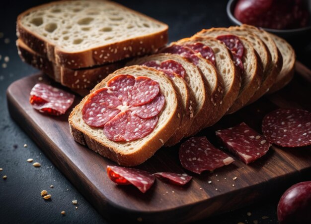 Boterham met Salami op zwarte tafel Een hartige compositie