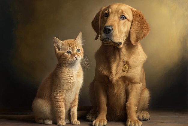 Both an abyssinian kitten and a golden retriever are looking to the right