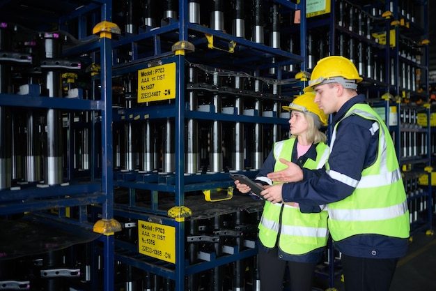 Photo both of employees in an auto parts warehouse examine auto parts that are ready to be shipped