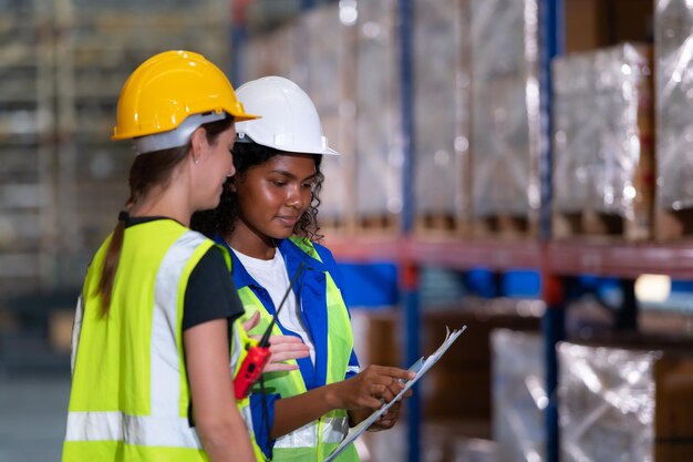 Both of employees in an auto parts warehouse Examine auto parts