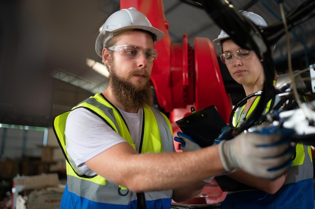 Both of engineers installing and testing a large robotic arm before sending it to customers