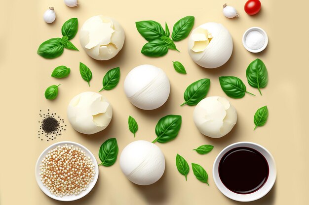 Both mozzarella and basil Food ingredients with fresh basil leaves
