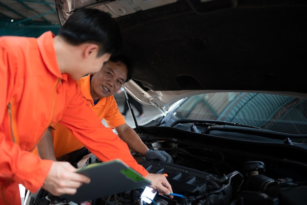사진 두 자동차 메카닉은 수리하기 위해 가져온 고객의 차의 엔진을 검사하고 있습니다.
