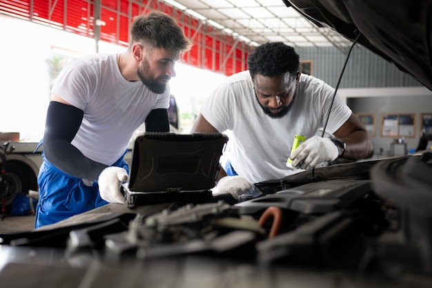 Both of professional auto mechanic working together in auto repair shopxA