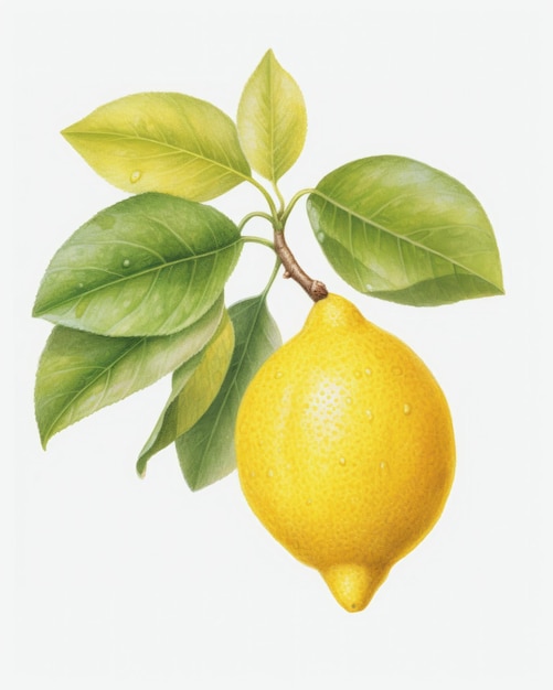 Botonical illustration of a lemon on a branch with leaves and a lemon on it