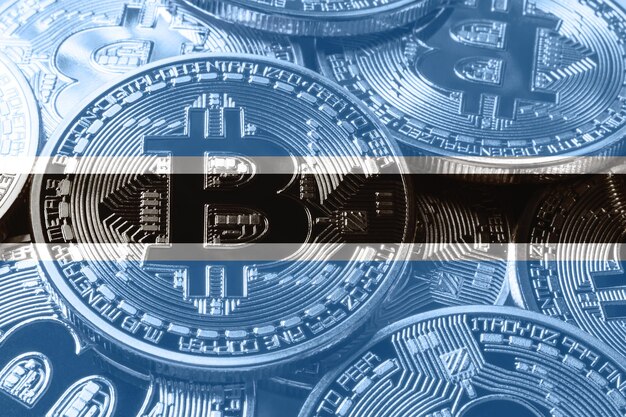 Botswana bitcoin vlag, nationale vlag cryptocurrency concept zwarte achtergrond