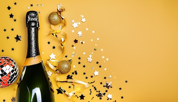 Bottel champagne en kleurrijke confetti op gekleurde achtergrond