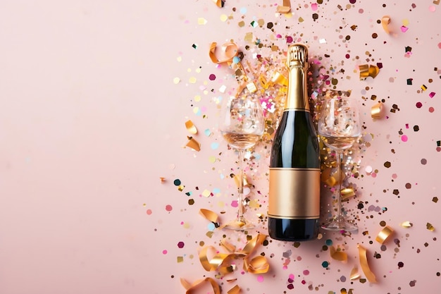 Bottel champagne op roze achtergrond Kopieer ruimte Afbeelding gegenereerd door AI