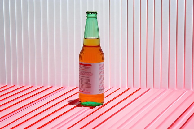 Foto bottel lager bier op een roze achtergrond met kopieerruimte