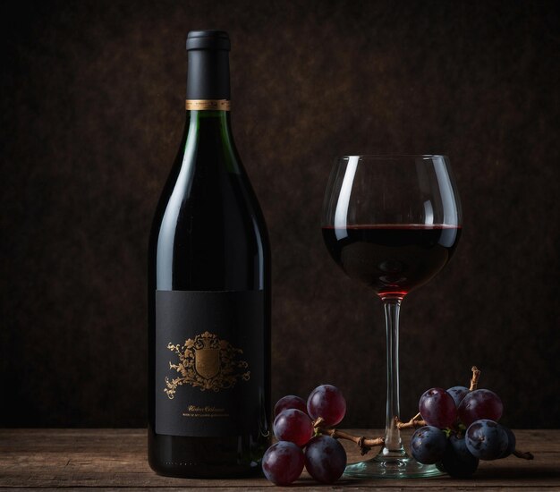 Bottel rode wijn met glas en druiven op een houten tafel