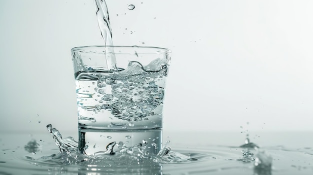 Bottelwater gegoten in helder glas op een witte achtergrond