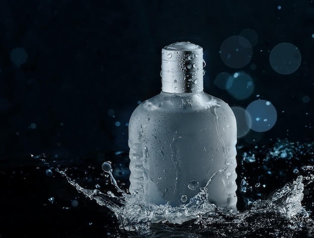 Bottle of aftershave lotion perfume with water splashing around it on a black background