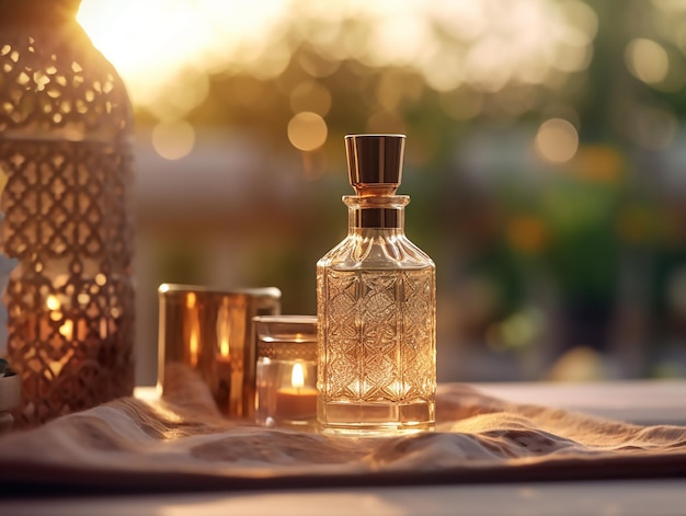 Bottle of al ain on a table with a candle and a cup of tea