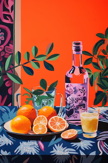 A bottle of alcohol sits next to a plate of oranges and a glass of liquid